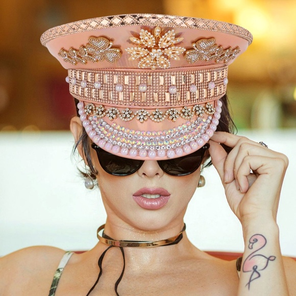 Accessories - Pearl Flower Stone Cluster Embellished Sequin Glittered Captain Hat